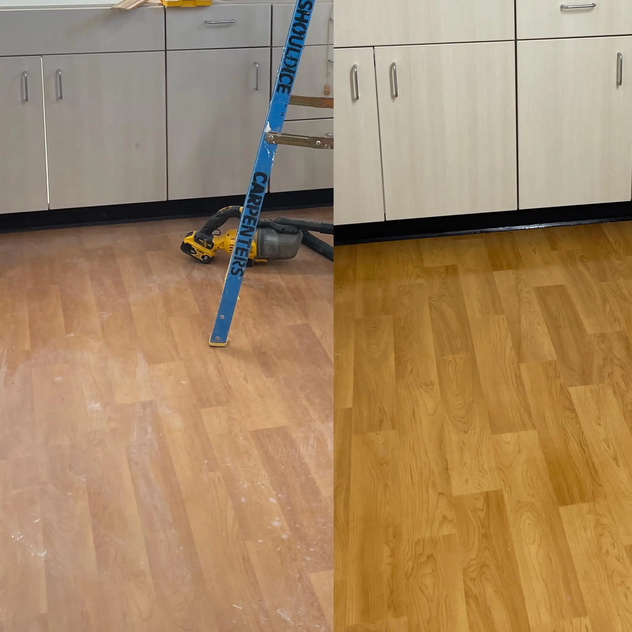 A floor cleaning mop near a blue ladder in a room with wooden flooring.