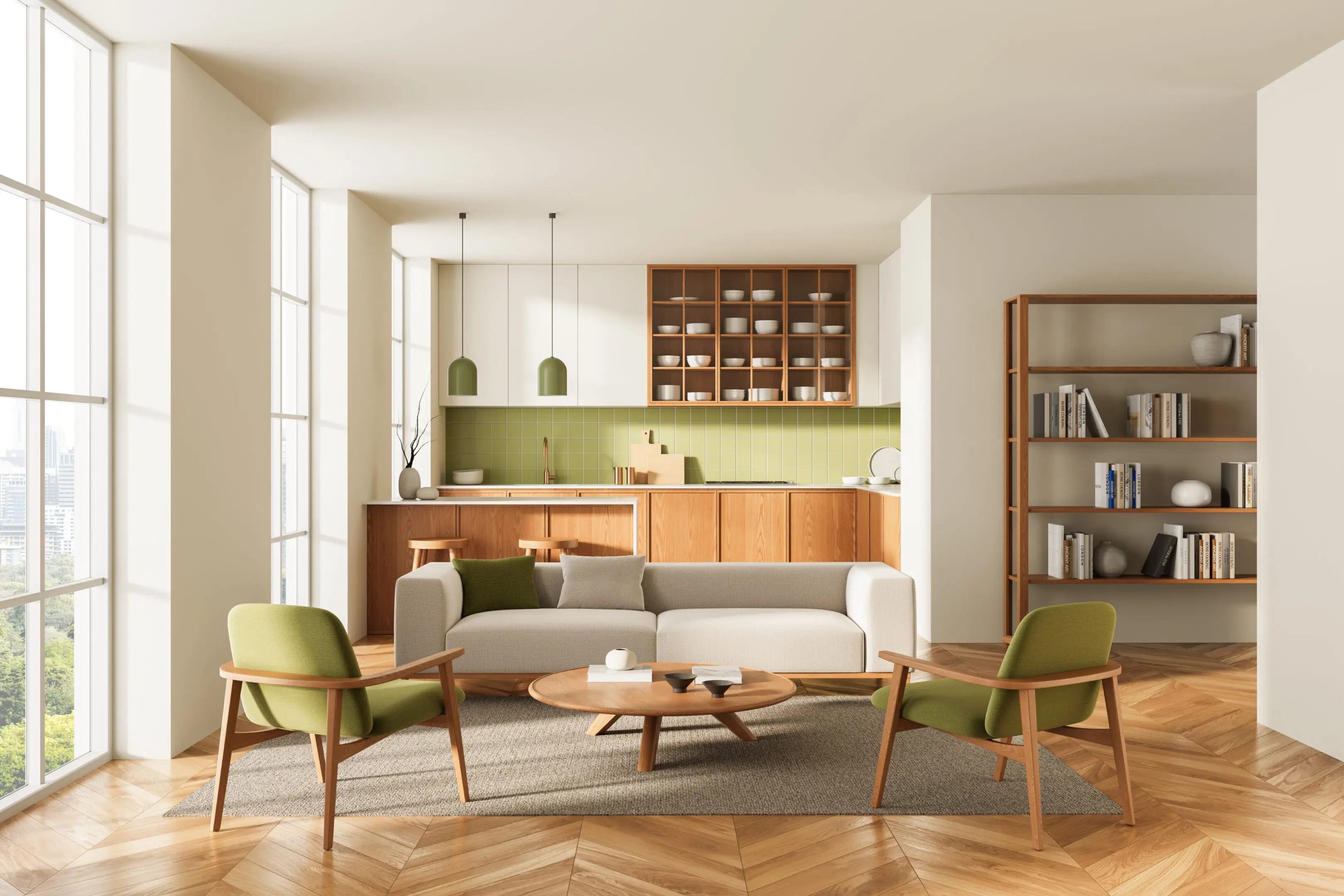 Mid-century modern living room with green accents and wooden furniture.