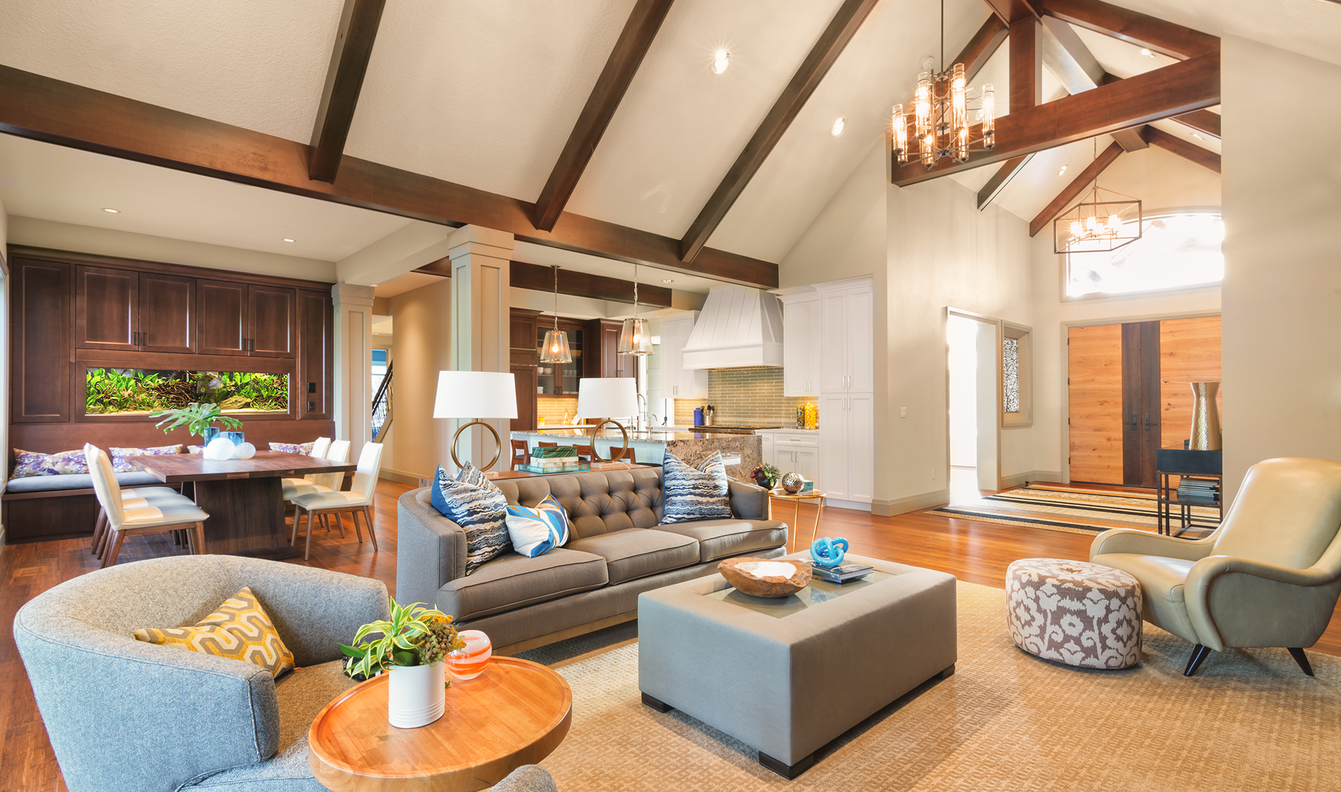 Spacious living room with vaulted ceilings and cozy seating.