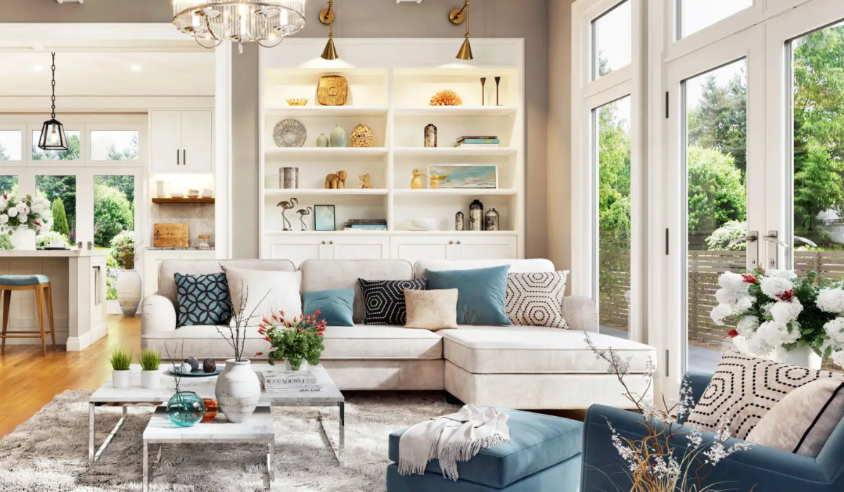 Cozy modern living room with neutral tones and soft lighting.