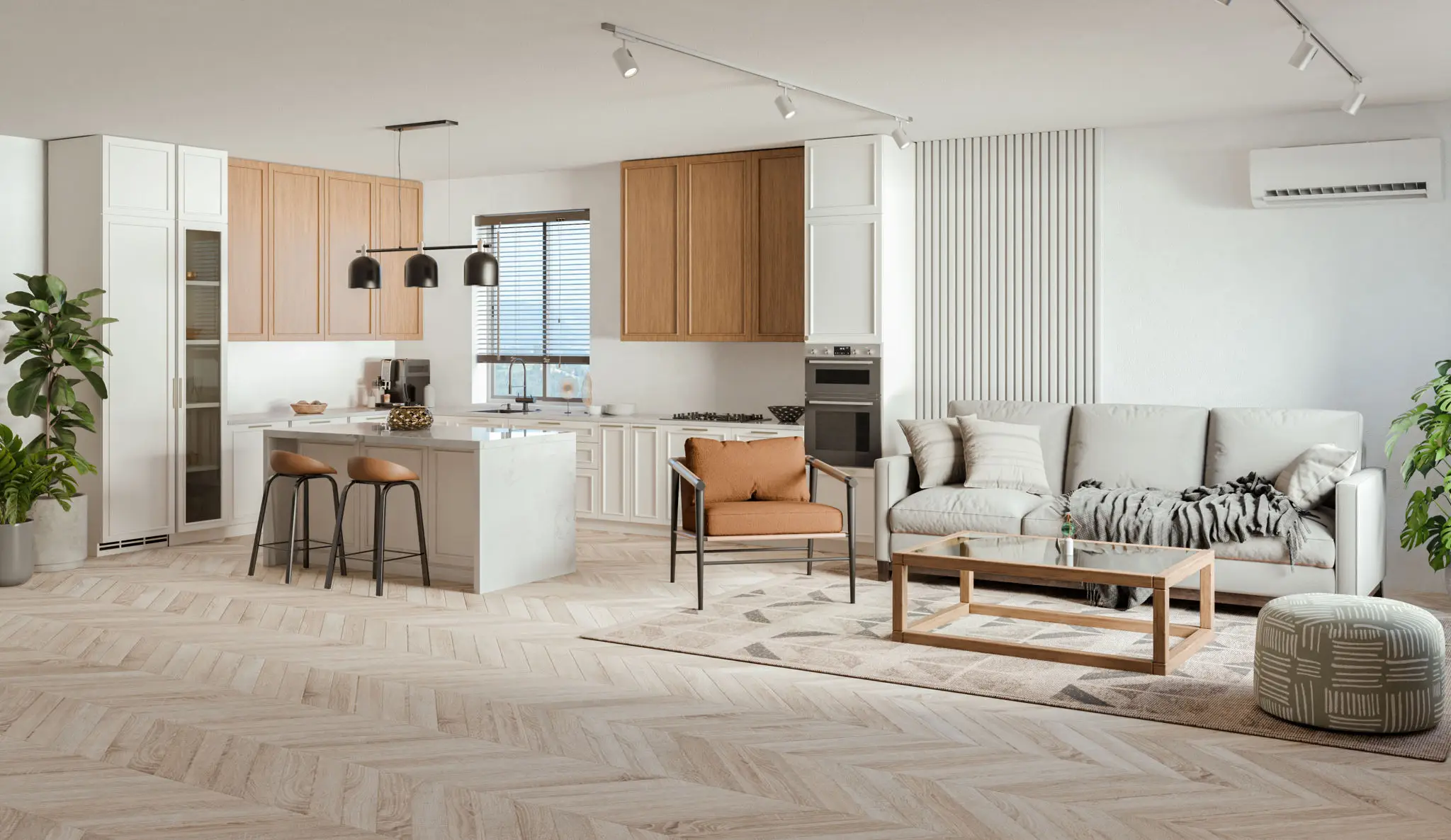 Modern open-concept kitchen and living area with neutral tones and natural light.
