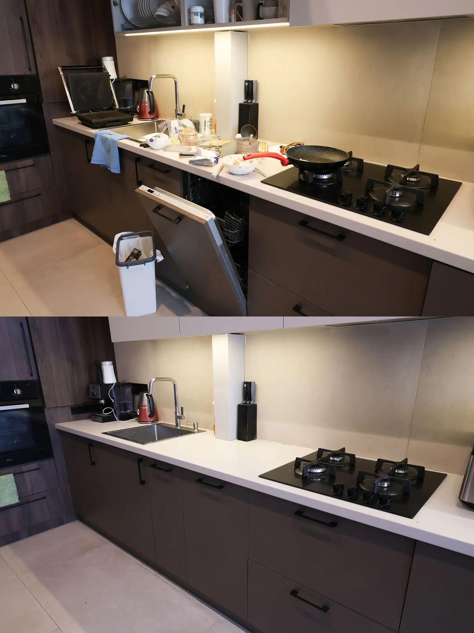 Before and after cleaning a kitchen countertop and stove area.