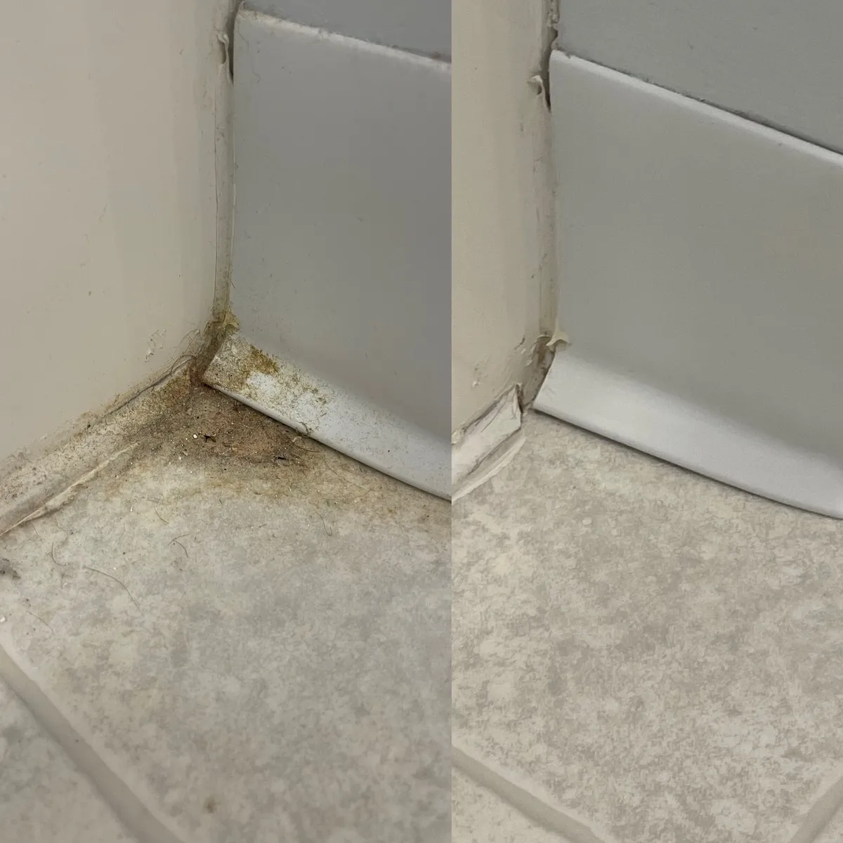 Comparison of a dirty and cleaned corner near a bathtub base.