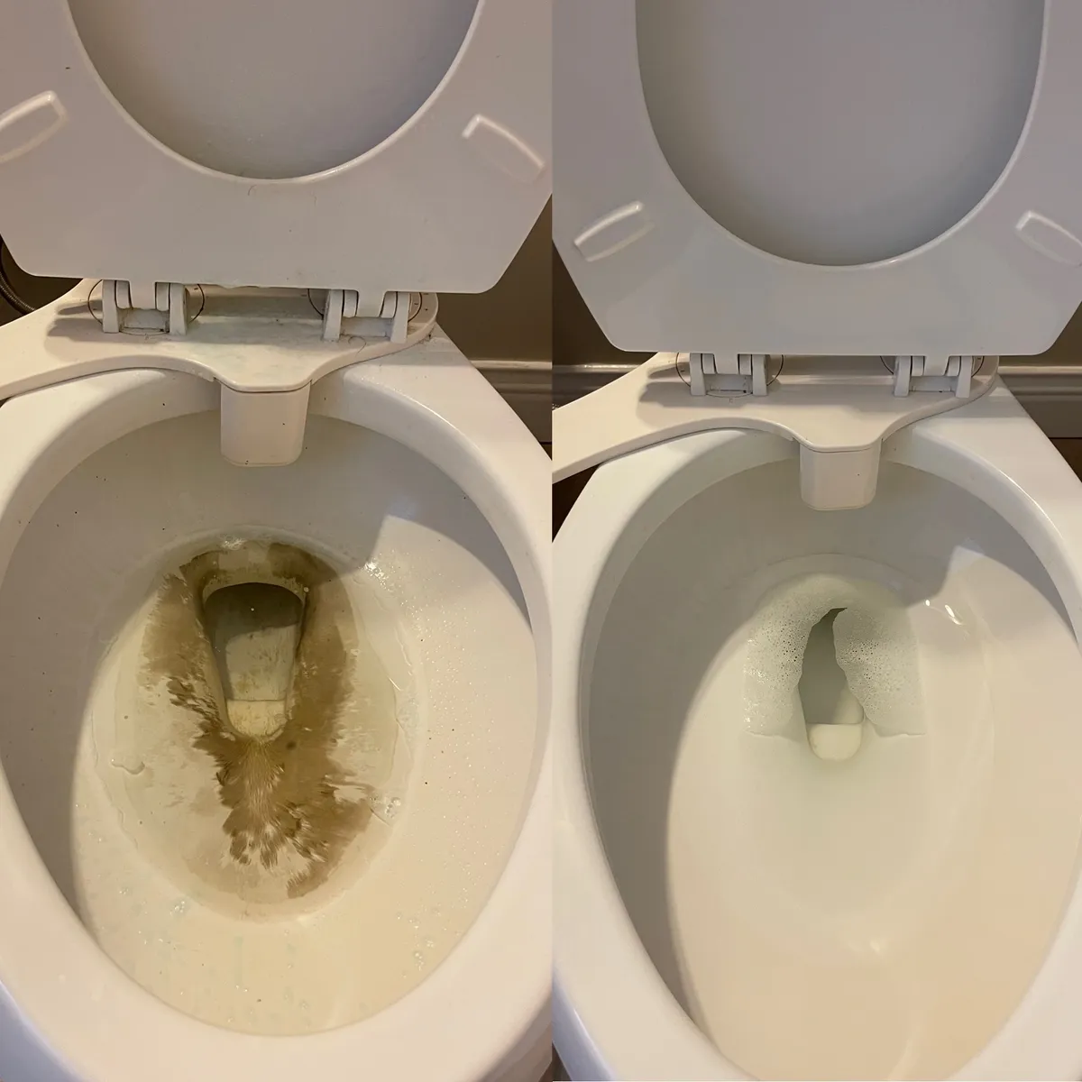 Comparison of a dirty and clean toilet bowl side by side.