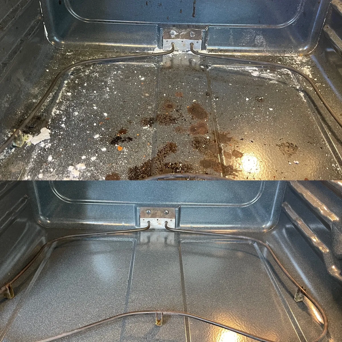 Before and after photos of a cleaned oven interior.
