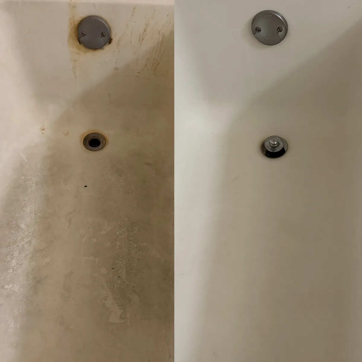 Side-by-side comparison of a dirty and clean bathtub drain area.