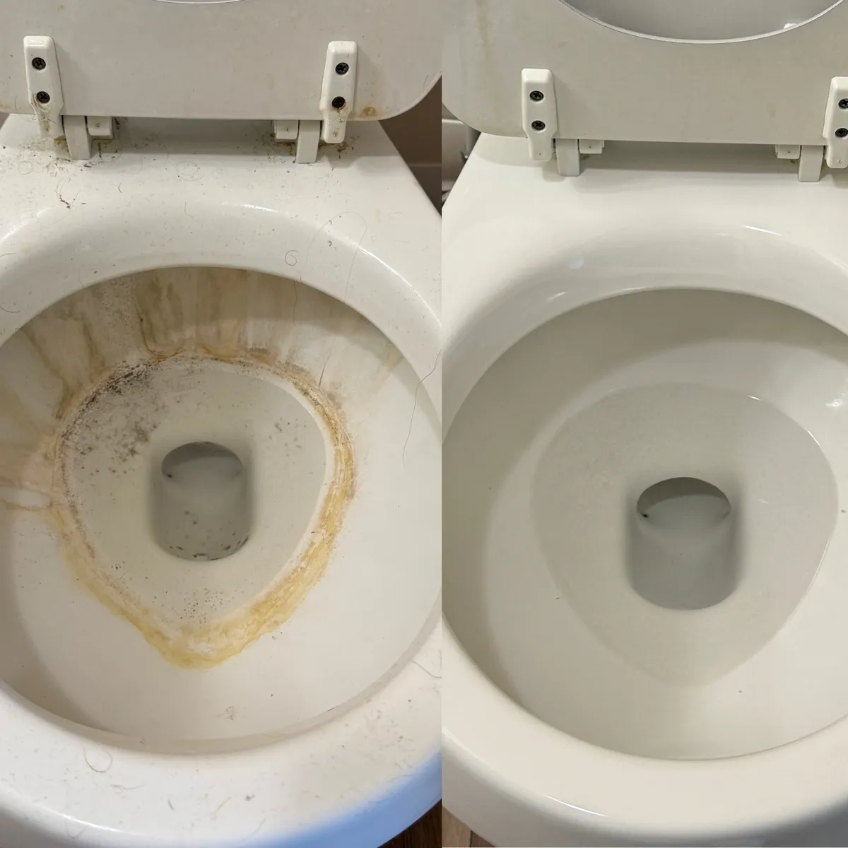 Before and after cleaning a heavily stained toilet bowl.