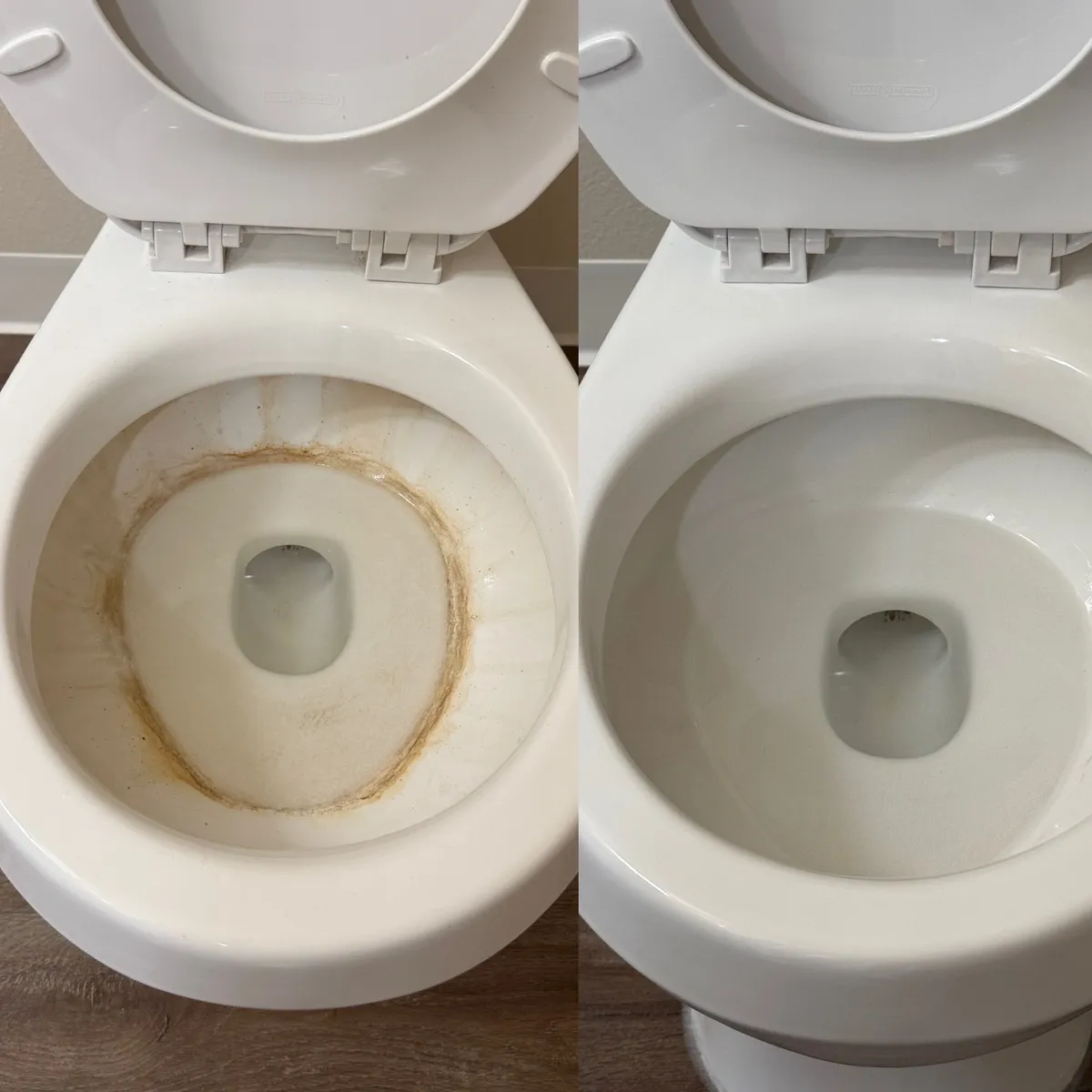 Comparison of a stained toilet bowl and a clean one.