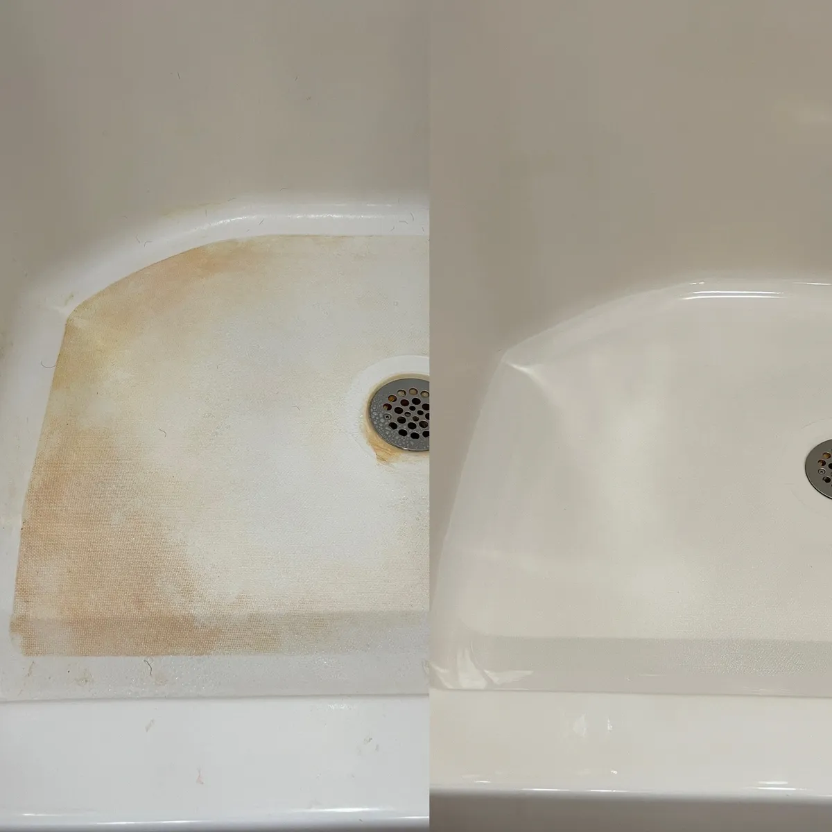 Before and after cleaning a stained shower base.