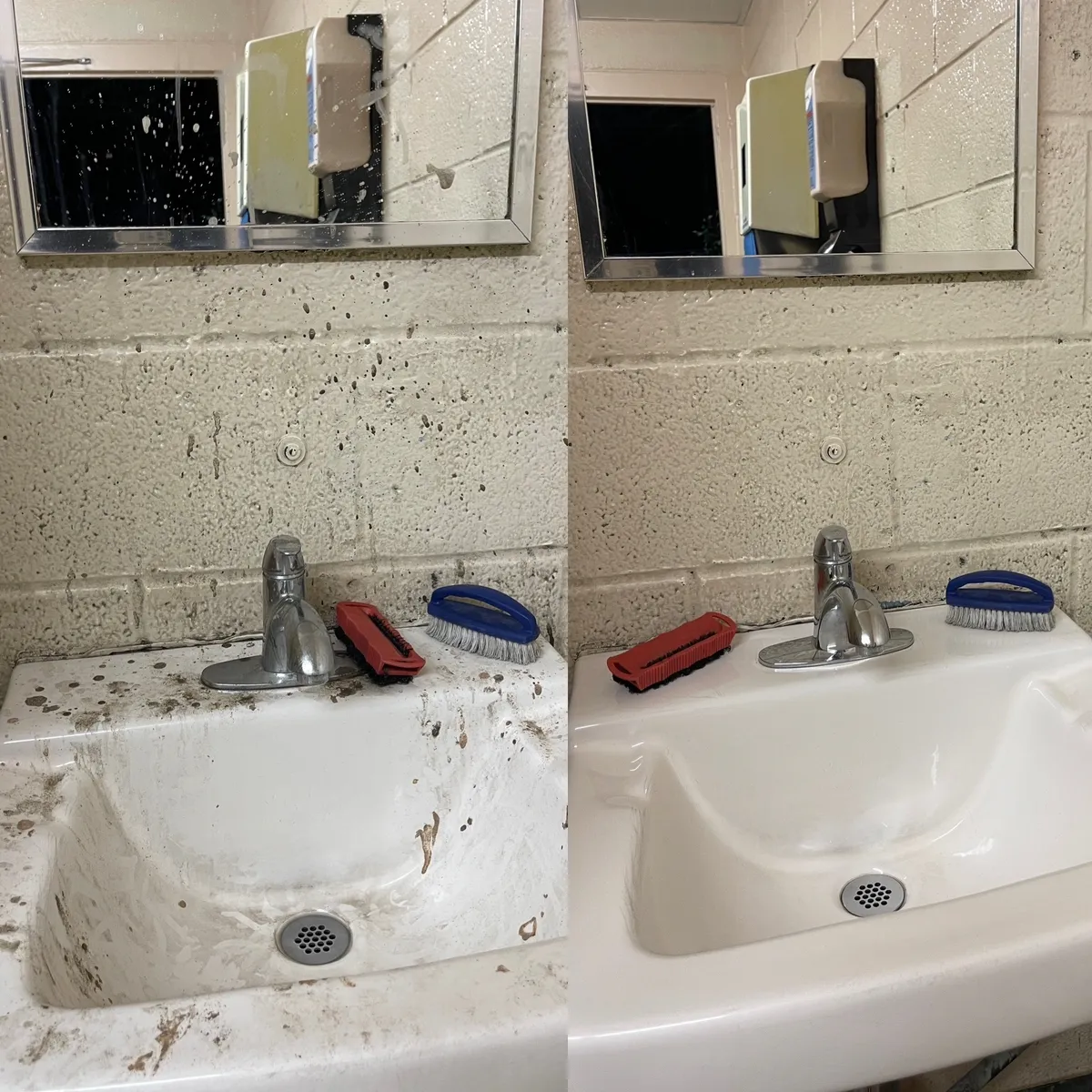 Side-by-side comparison of a bathroom sink before and after cleaning.