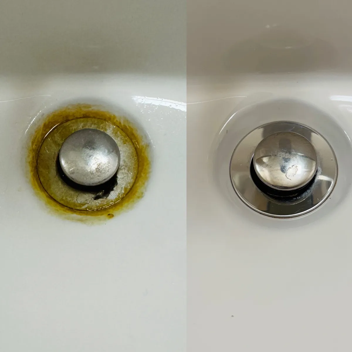 Side-by-side image showing a dirty drain and a cleaned drain.